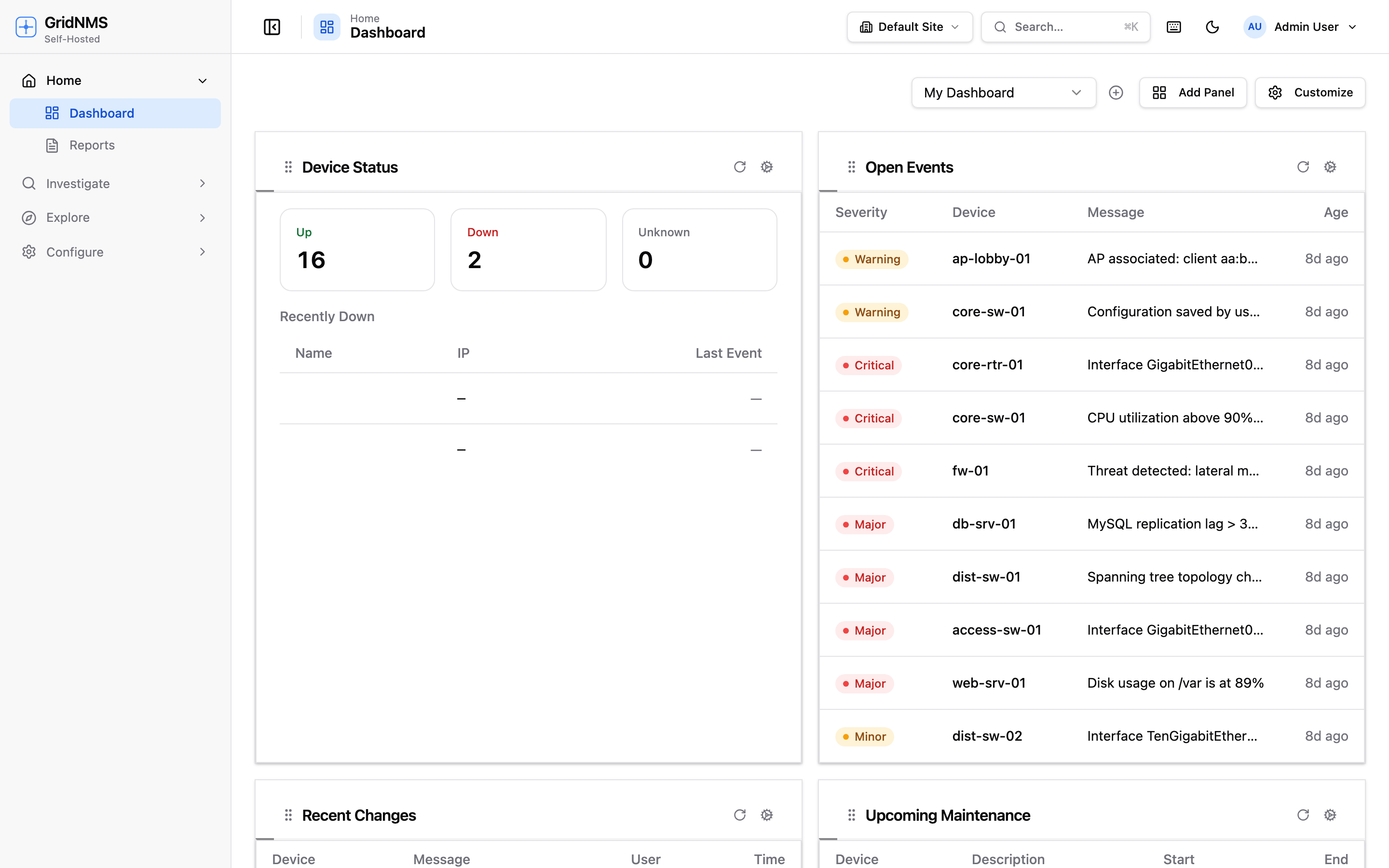 The GridNMS dashboard with device status counters and an open-events panel ranked by severity.