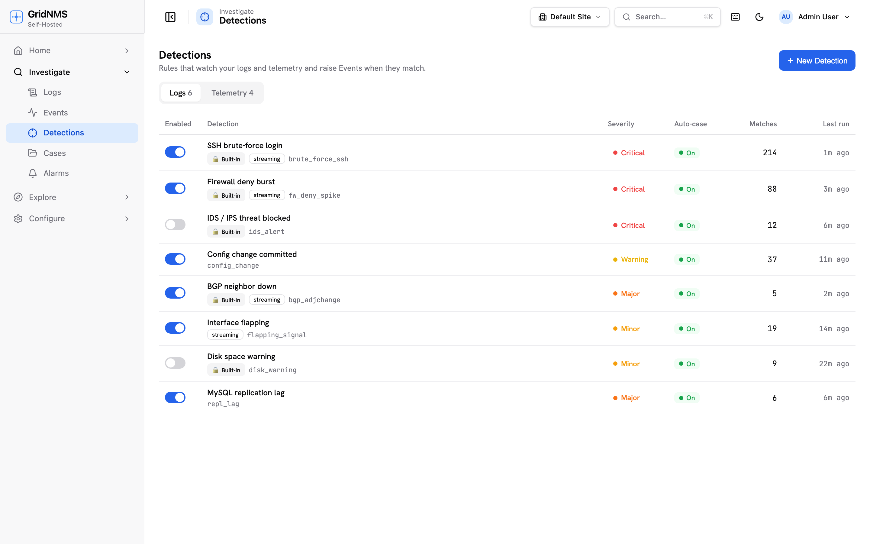 The detections list: YARA-L rules over logs and metrics with severity, source, and match counts.