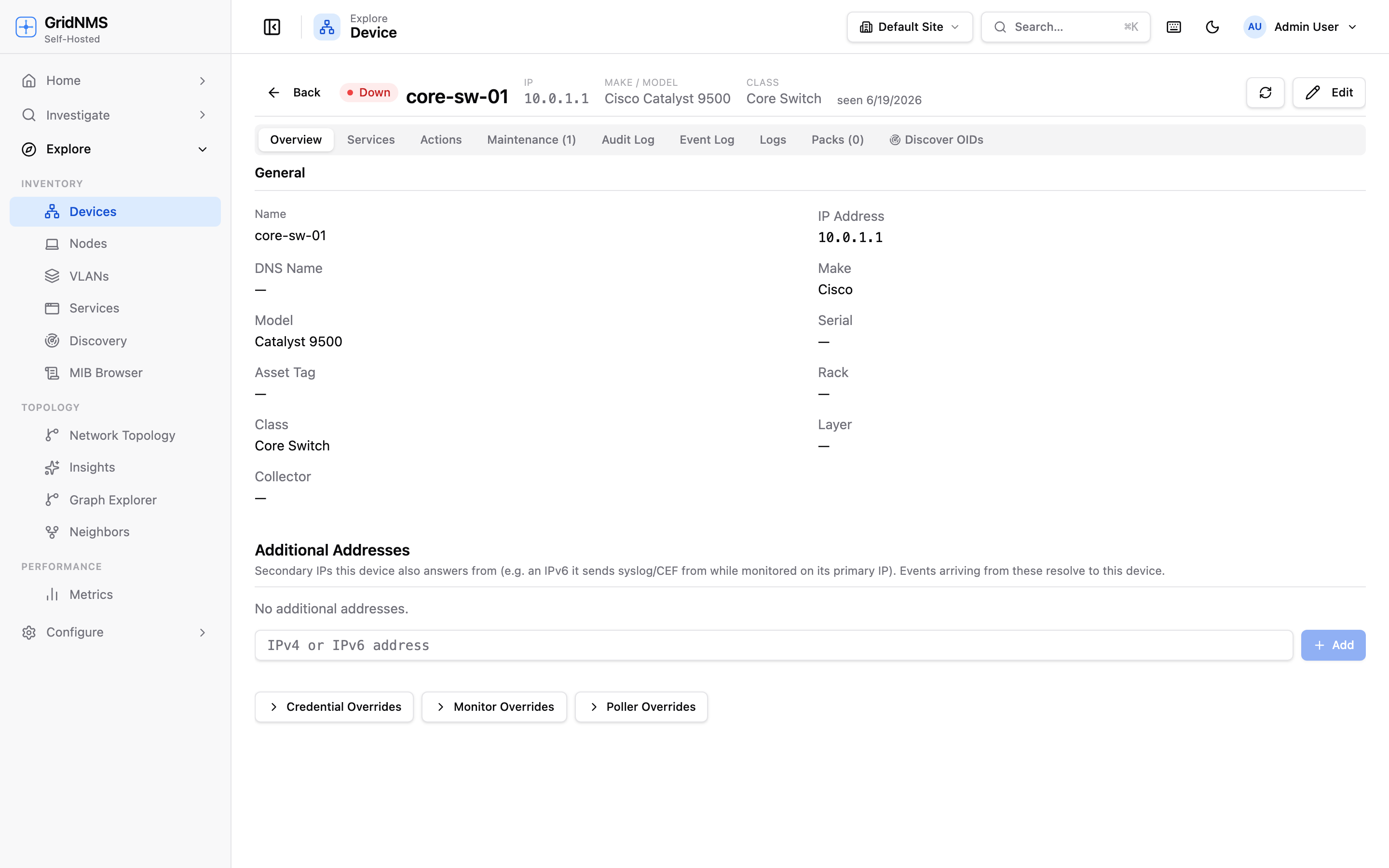 A device detail page with tabs for interfaces, metrics, and logs, showing per-interface charts.